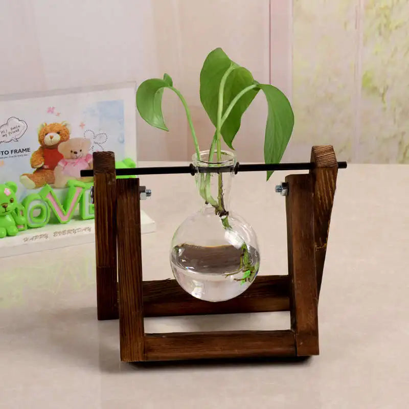 Vintage Transparent Vase Wooden Frame Vase