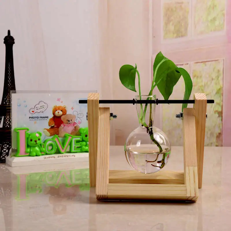 Vintage Transparent Vase Wooden Frame Vase