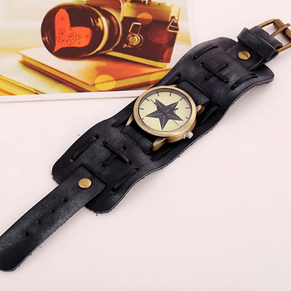 Vintage Wide Cow Leather Bracelet Watch