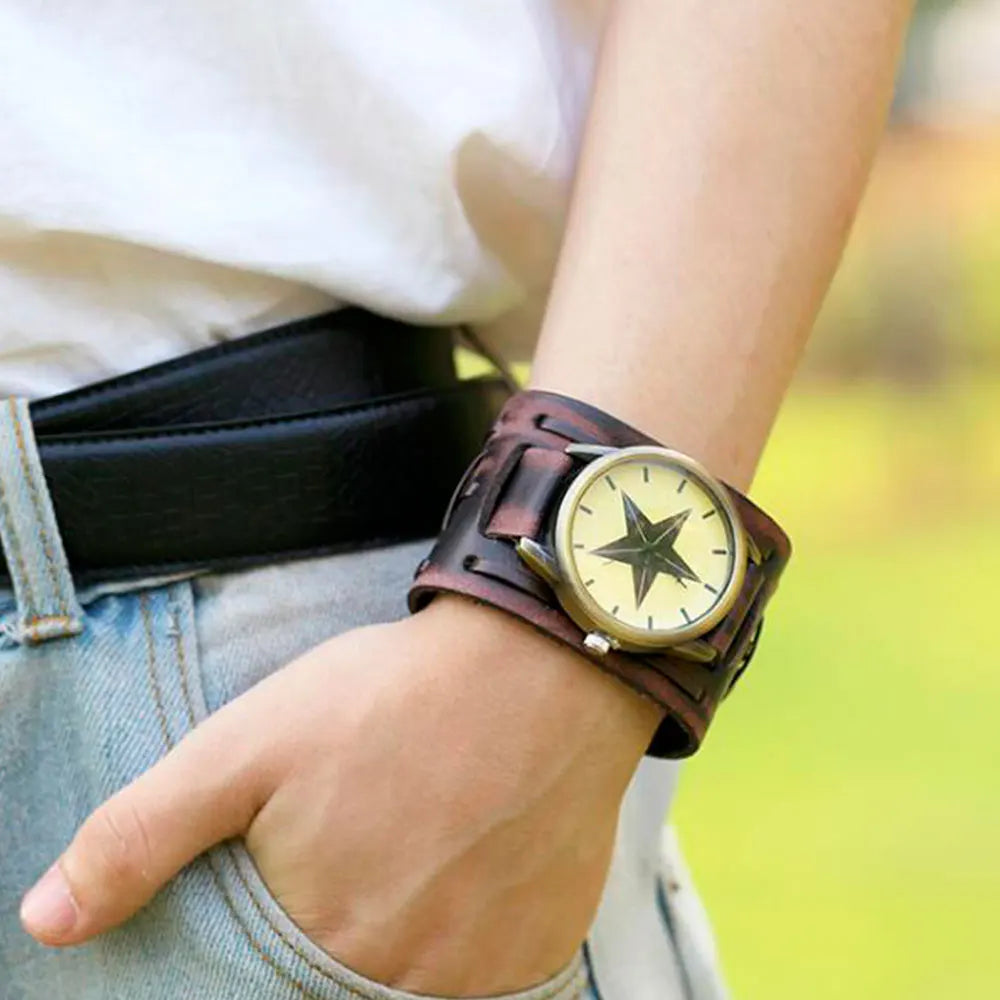 Vintage Wide Cow Leather Bracelet Watch