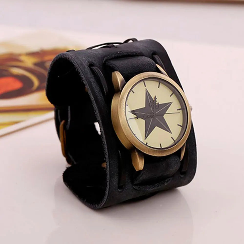 Vintage Wide Cow Leather Bracelet Watch
