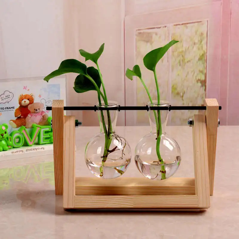 Vintage Transparent Vase Wooden Frame Vase
