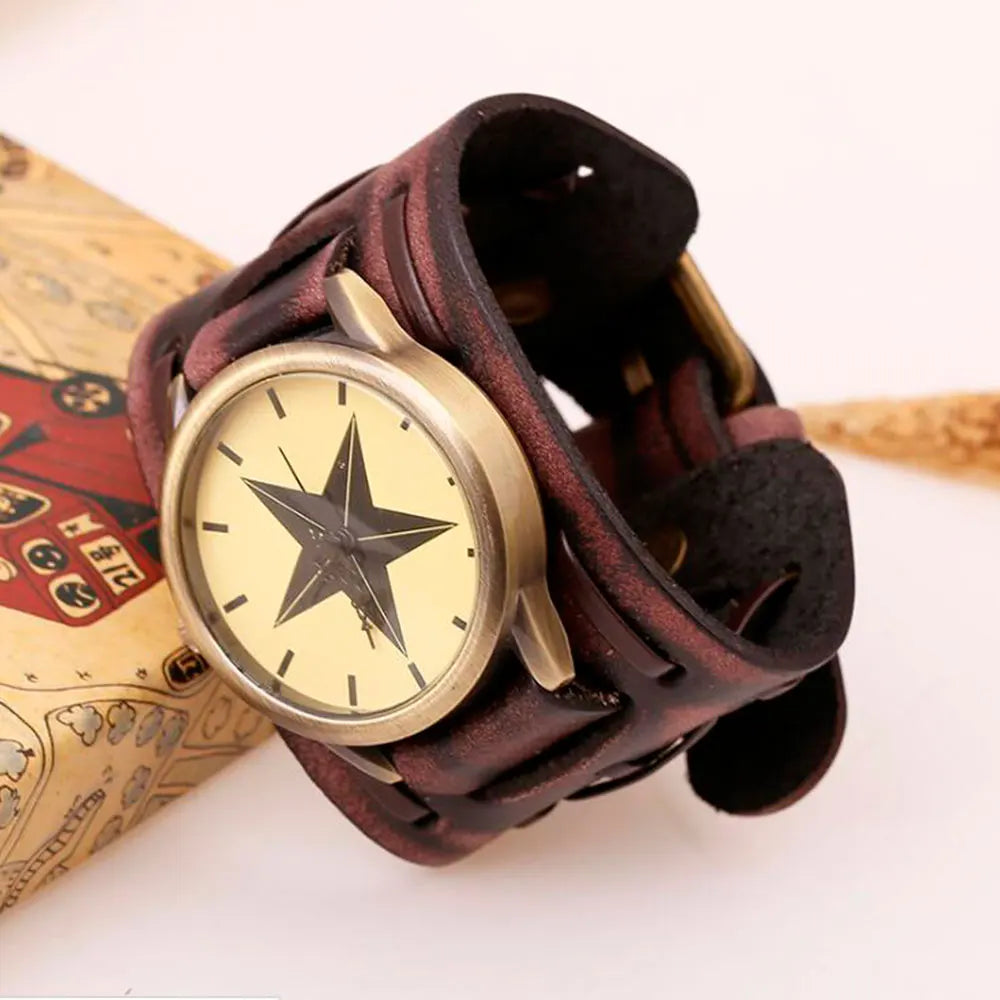Vintage Wide Cow Leather Bracelet Watch