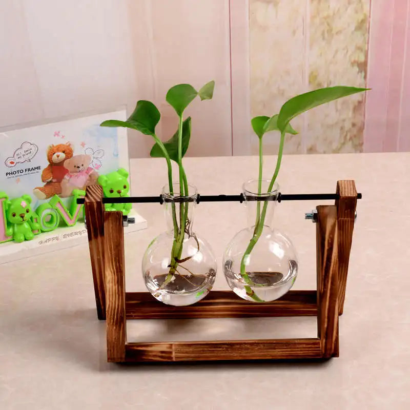 Vintage Transparent Vase Wooden Frame Vase