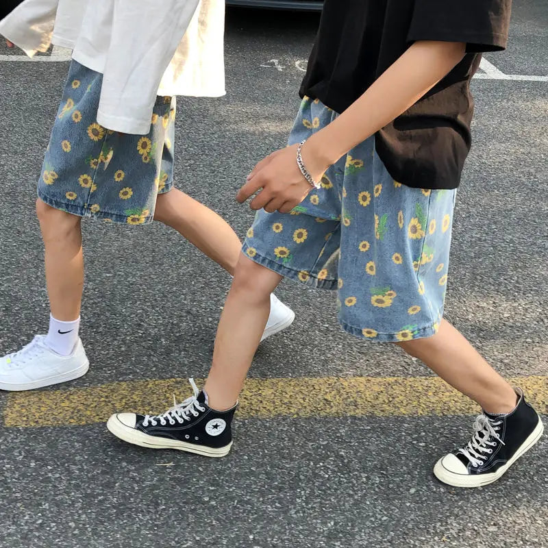 Casual Flowers Cotton Denim Short