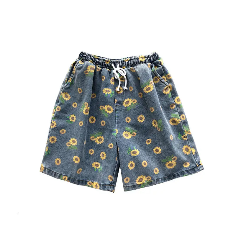 Casual Flowers Cotton Denim Short