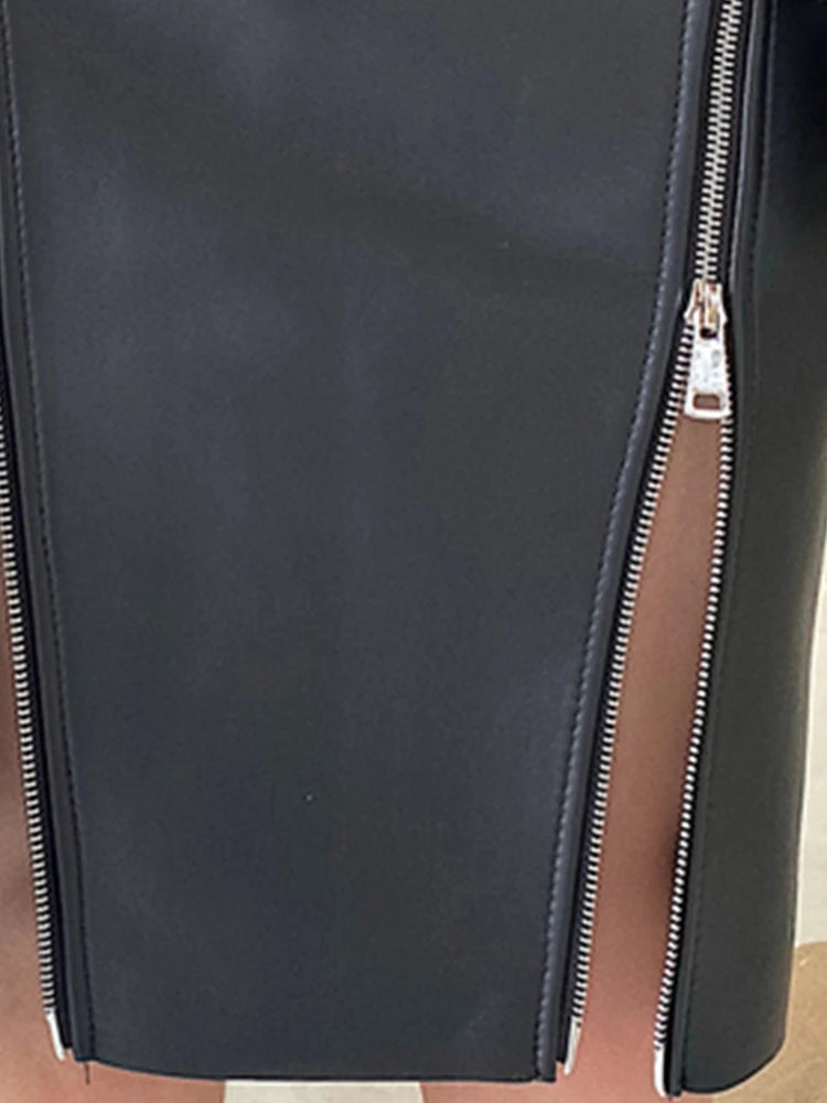 Double Slit Zipper High Waist Leather Midi Skirt
