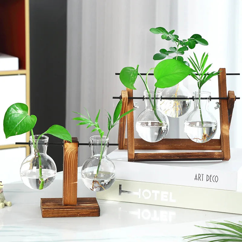 Vintage Transparent Vase Wooden Frame Vase