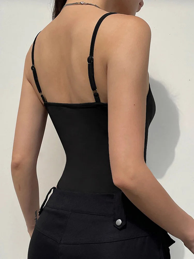 Sleeveless Skinny Spaghetti Strap Black Bodysuit