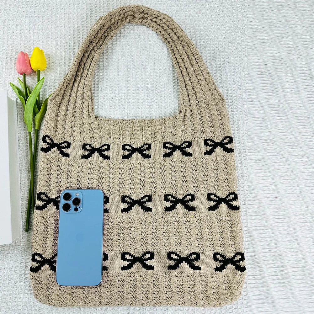 Bow Pattern Knitted Crochet Tote Bag