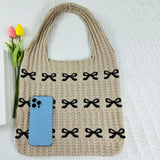 Bow Pattern Knitted Crochet Tote Bag