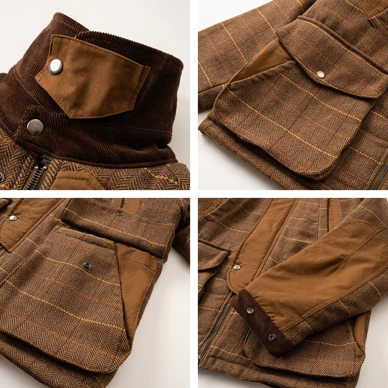 Grandma's Aesthetic Plaid Woolen Brown Windbreaker Jacket