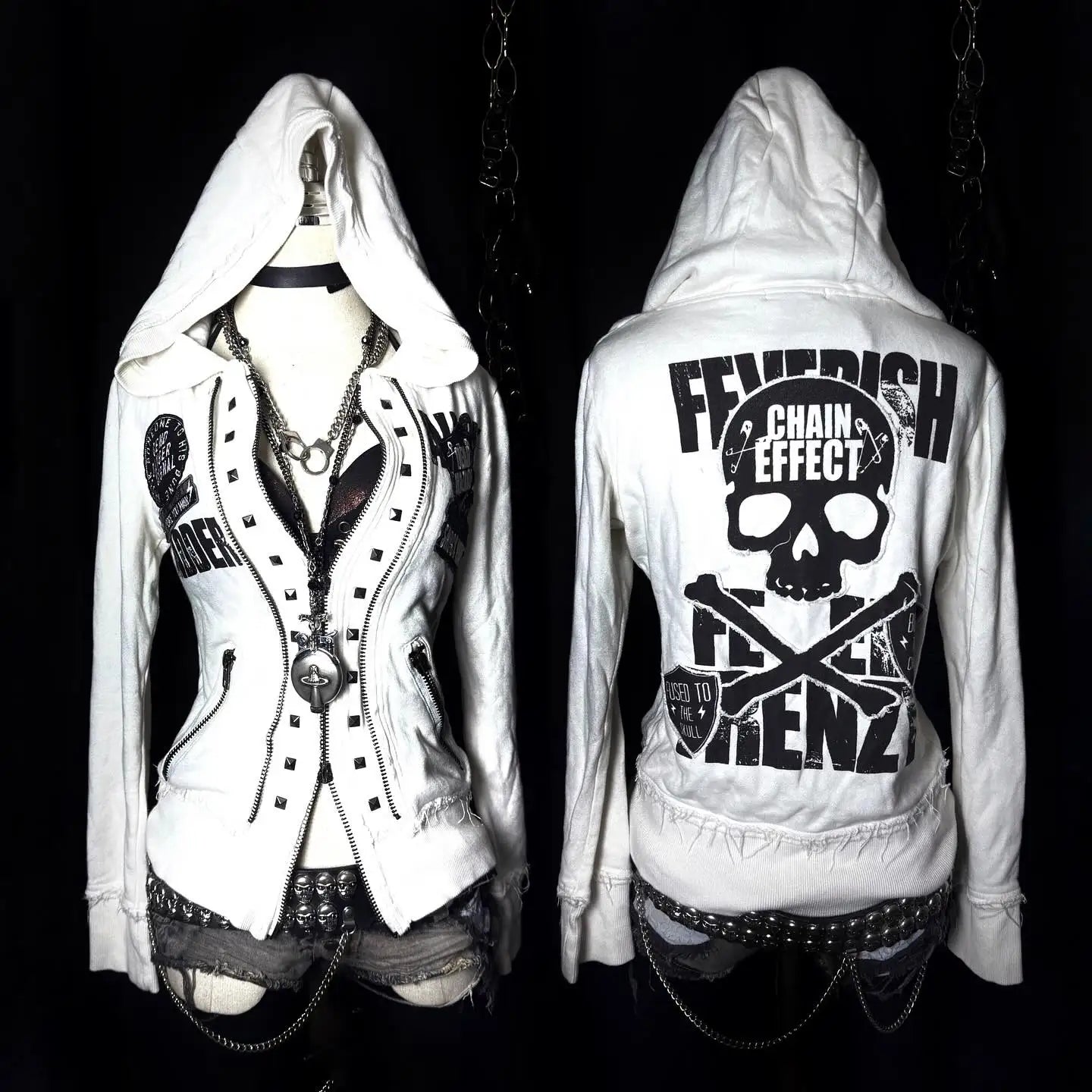 Slim Gothic White Zipper Hoodie
