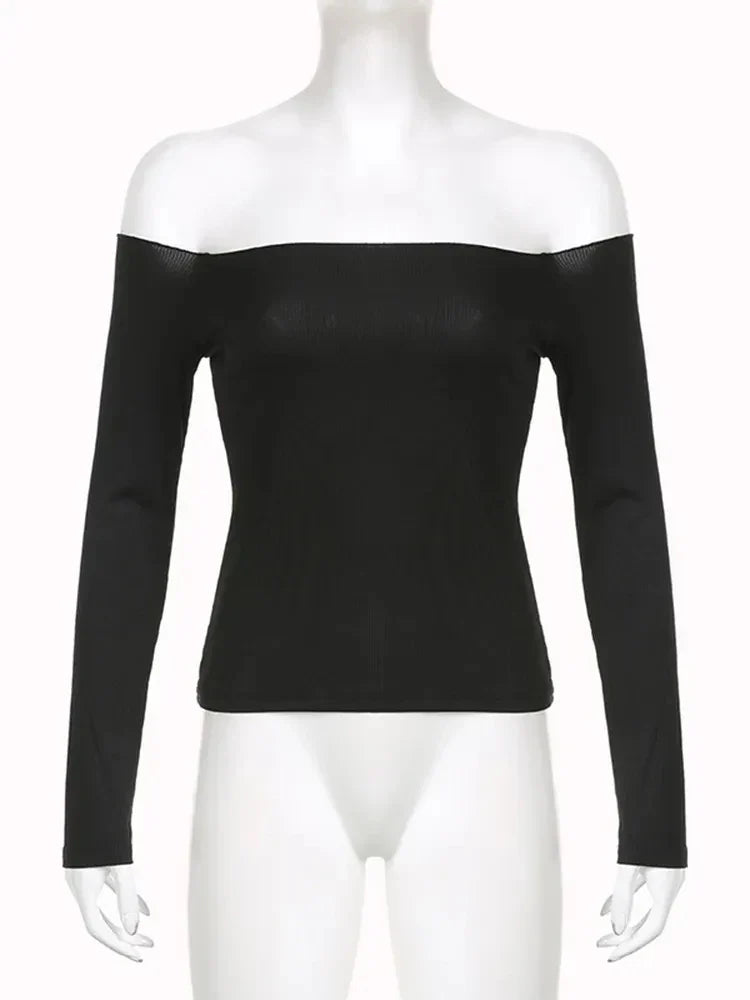 Elegantes koreanisches schwarzes Langarm-T-Shirt