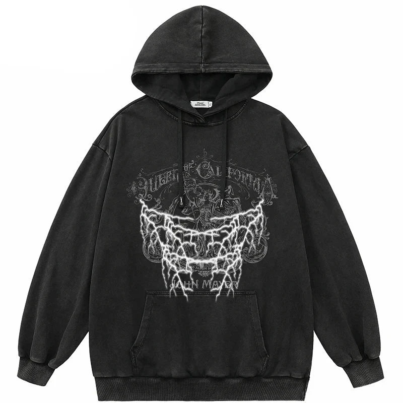 Lightning Washed Retro Black Washed Kapuzenpullover