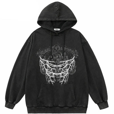 Sudadera con capucha retro negra lavada con efecto relámpago
