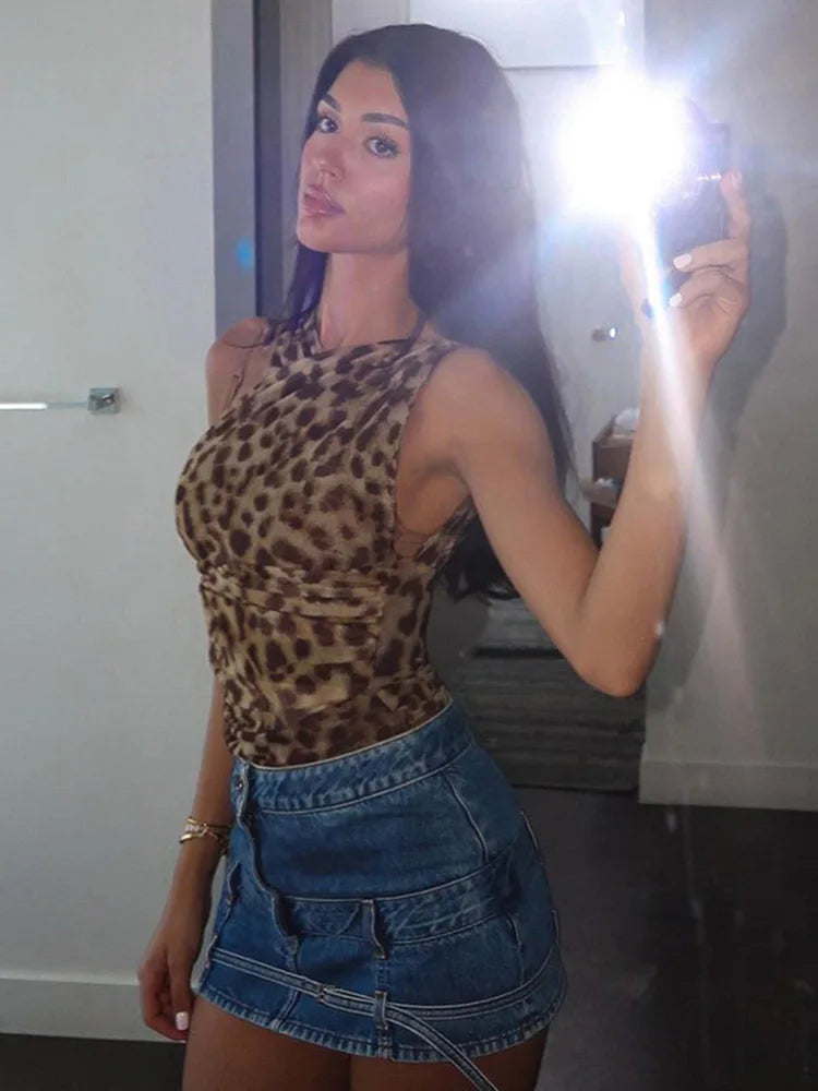 Women Leopard Tulle Bodysuit