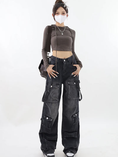 Y2K Belted Dark Wash Cargo Jeans
