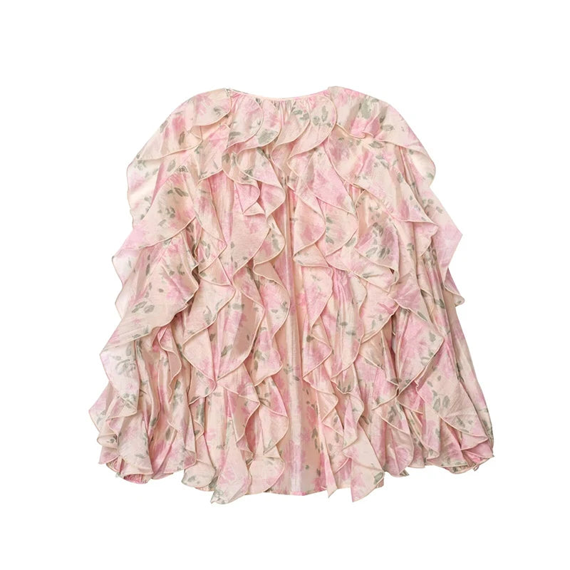 Elegant Floral Print Chiffon Pink Blouse