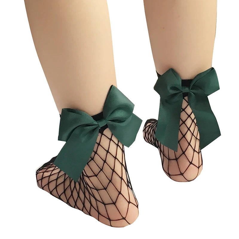 Ladies Fishnet Socks Heel With Bow Pearls Funny Breathable Socks