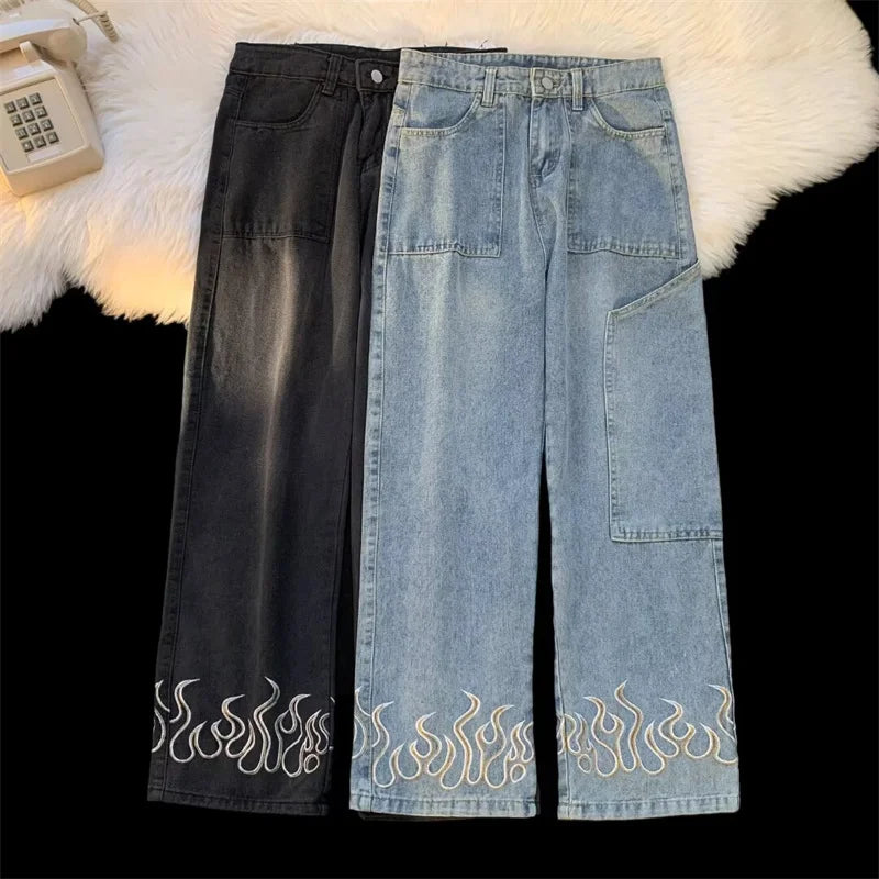 Flame Print Baggy Wide Leg Jeans