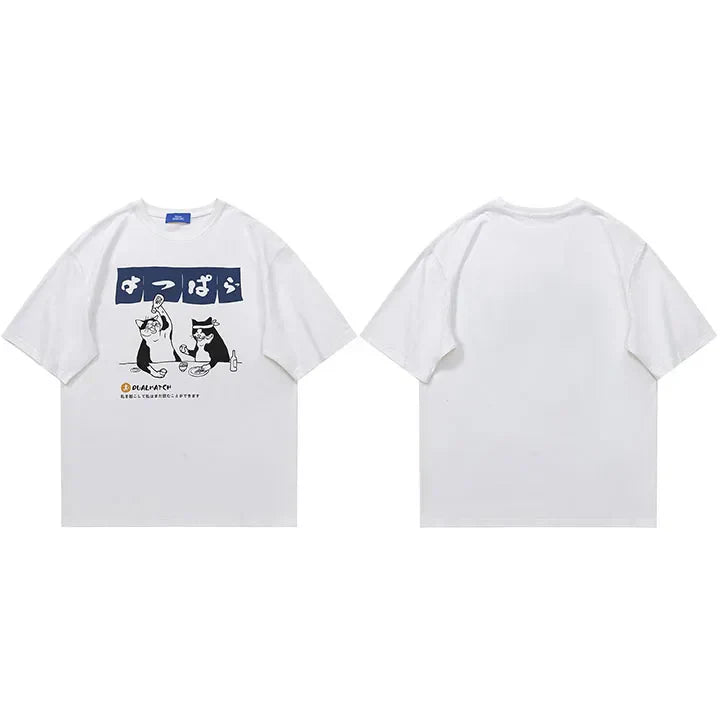 Japanese Cartoon Drinking Cat T-Shirt