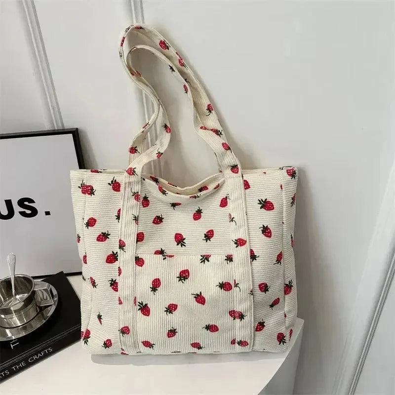 Corduroy Strawberry Print Tote Shoulder Bag