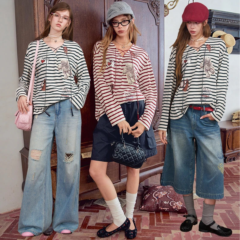 Autumn V-neck Stripped Long Sleeve T-shirt