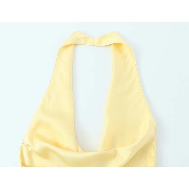 Backless Yellow Satin Mini Dress
