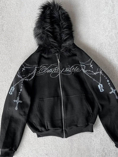 Graphic Faux Fur Zip Up Hoodie