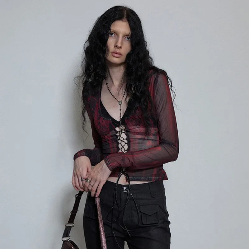 Grunge Aesthetics Tattoo Print Mesh Top