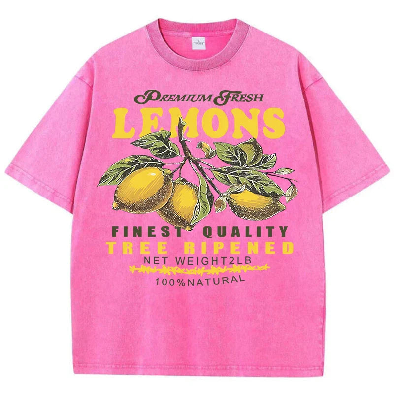 Fresh Lemon Fruit Print Washed T-Shirt