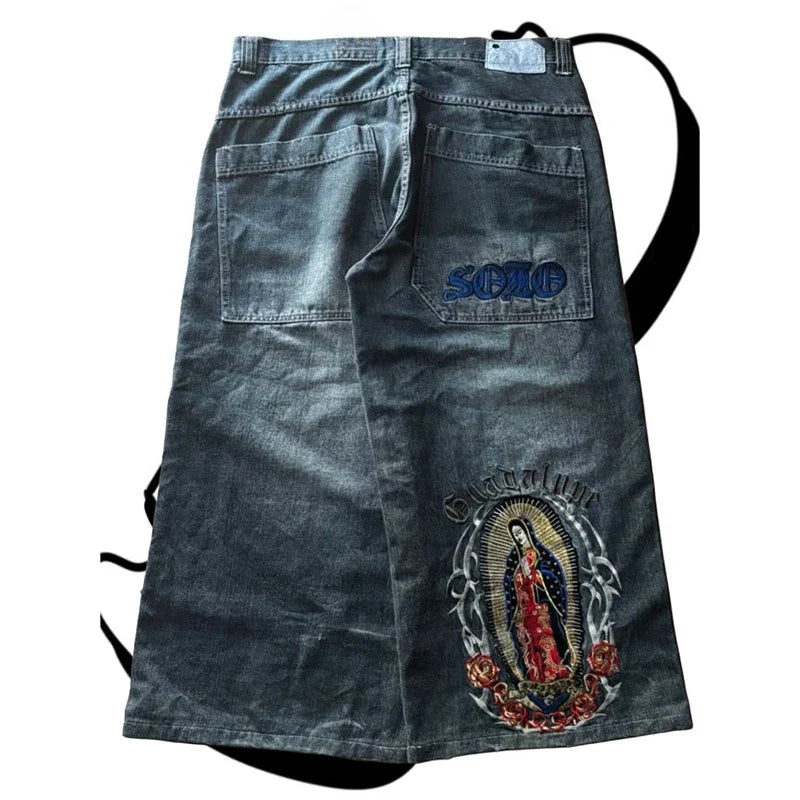 Virgin Mary Embroidered Wide Jeans