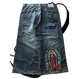 Virgin Mary Embroidered Wide Jeans