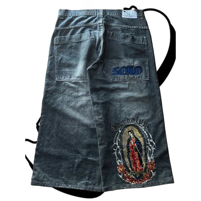 Bestickte Weite Jeans mit Jungfrau Maria
