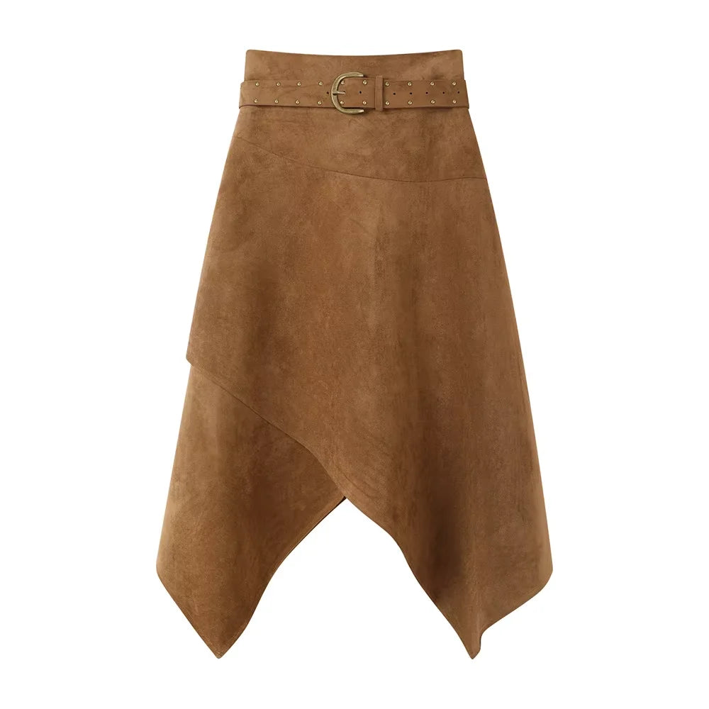 2000s Suede Midi Irregular Skirt With Belt