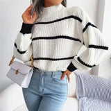High Collar Pullover Knitted Striped Sweater