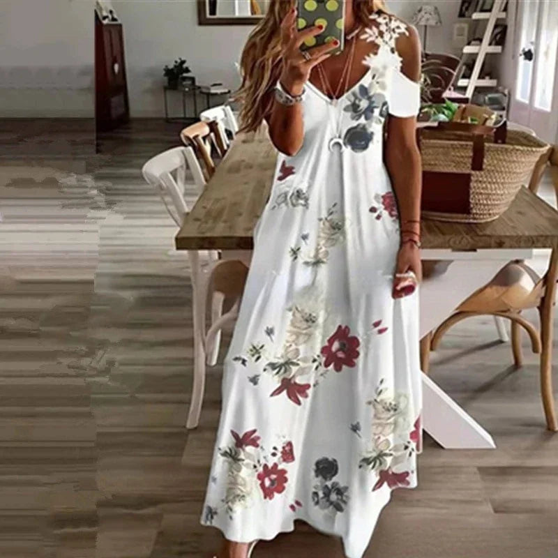 Women's Flower Print Boho White Maxi Dress