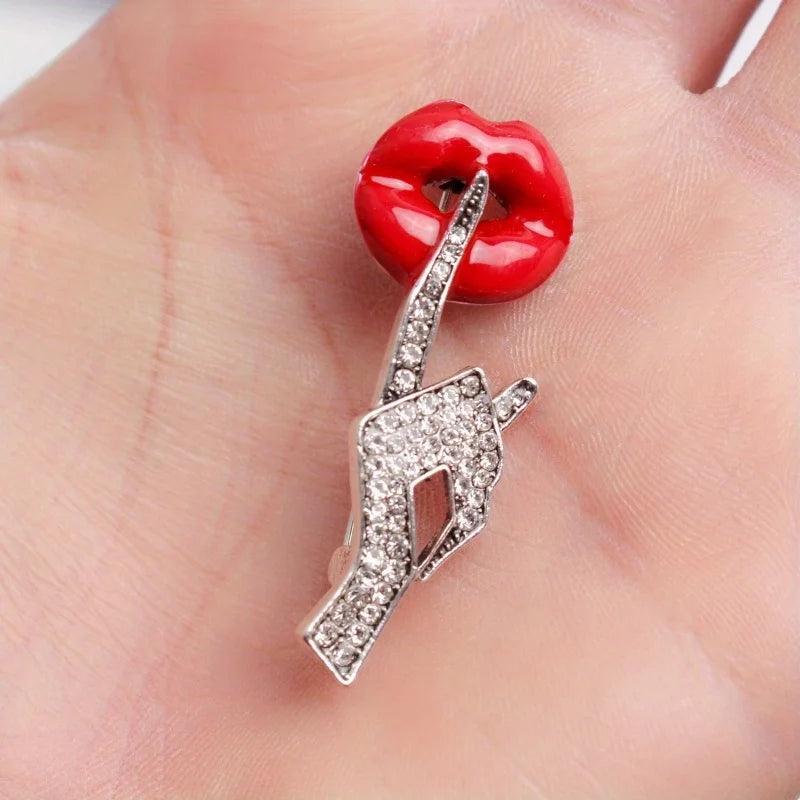 Novel Red Lips with Rhinestones Brooch