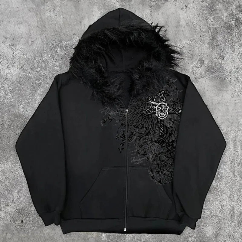 Y2K Graphic Gothic Faux Fur Hoodie
