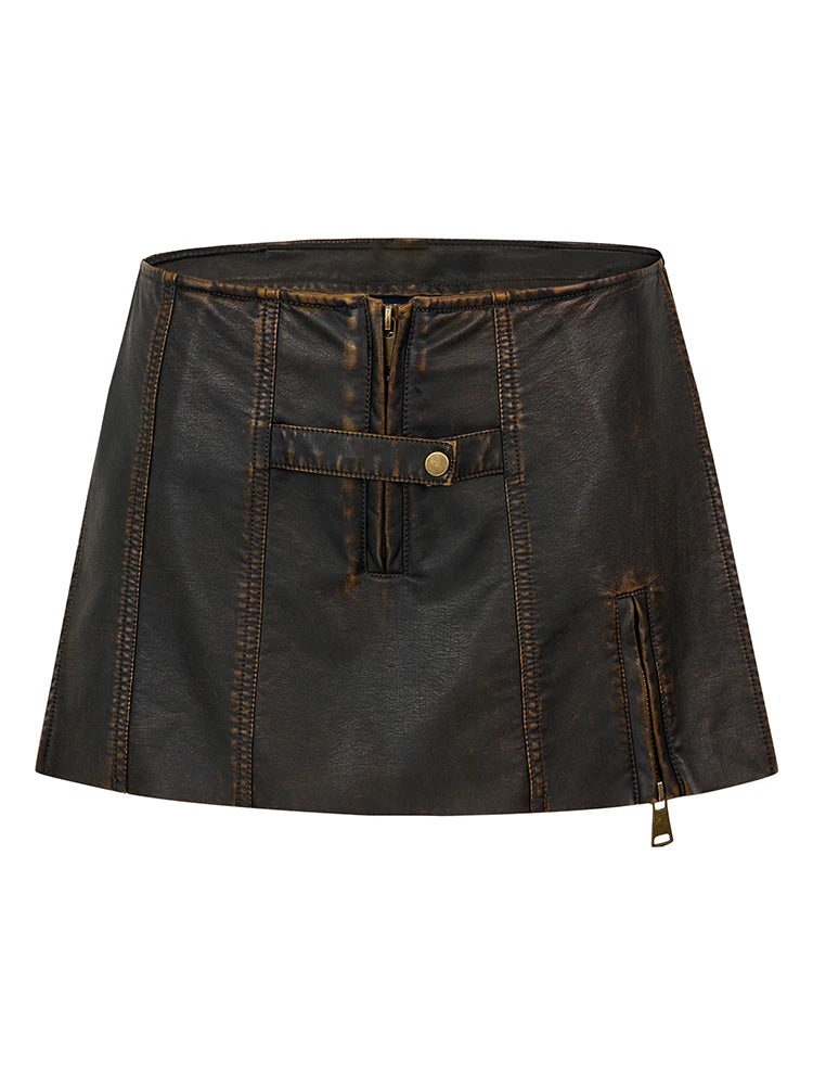 Brown Distressed Leather Mini Skirt