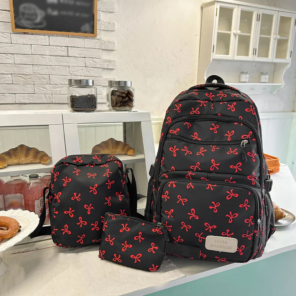 Coquette Core Bow Print School Backpack