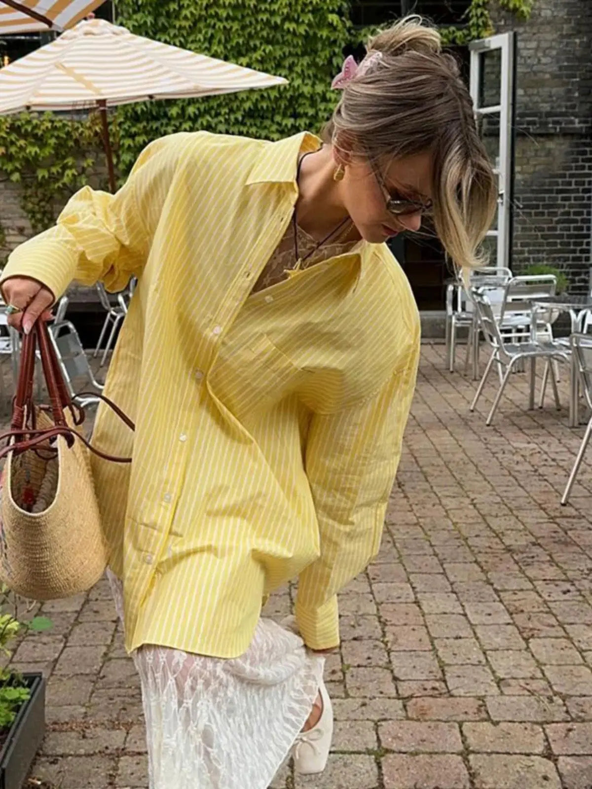 Women Oversize Yellow Striped Shirt