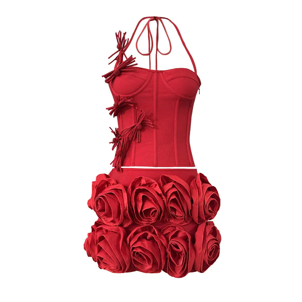 Flowers Corset Top & Ruffled Mini Skirt Set