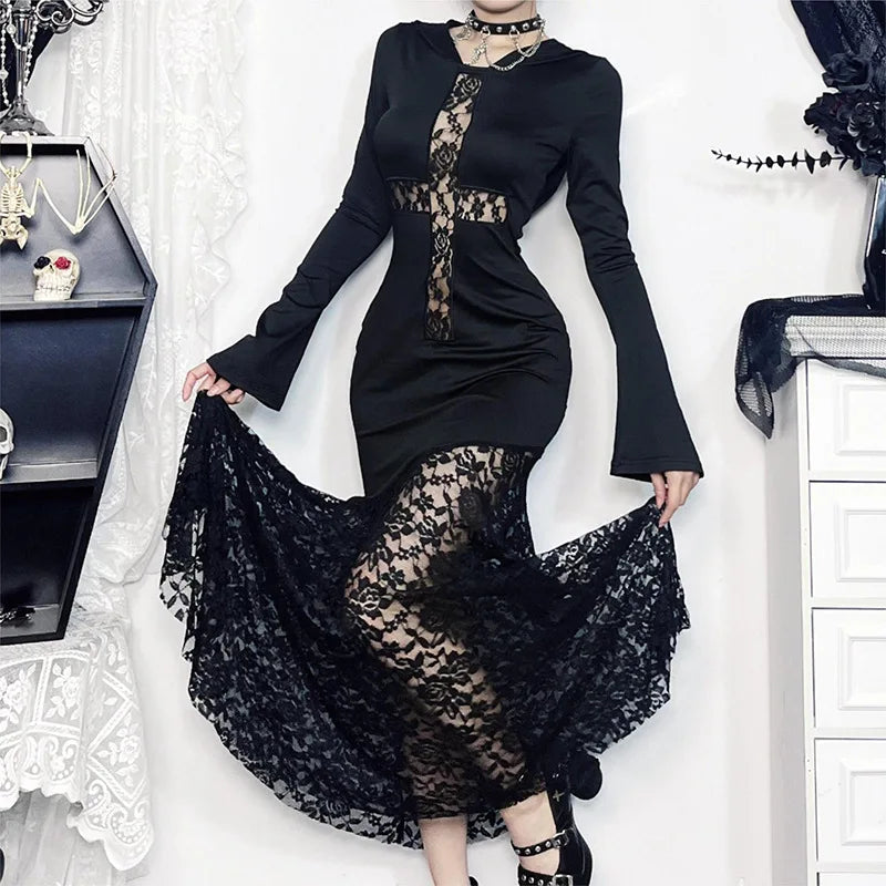 Y2K Goth Cross Hooded Maxi Dress
