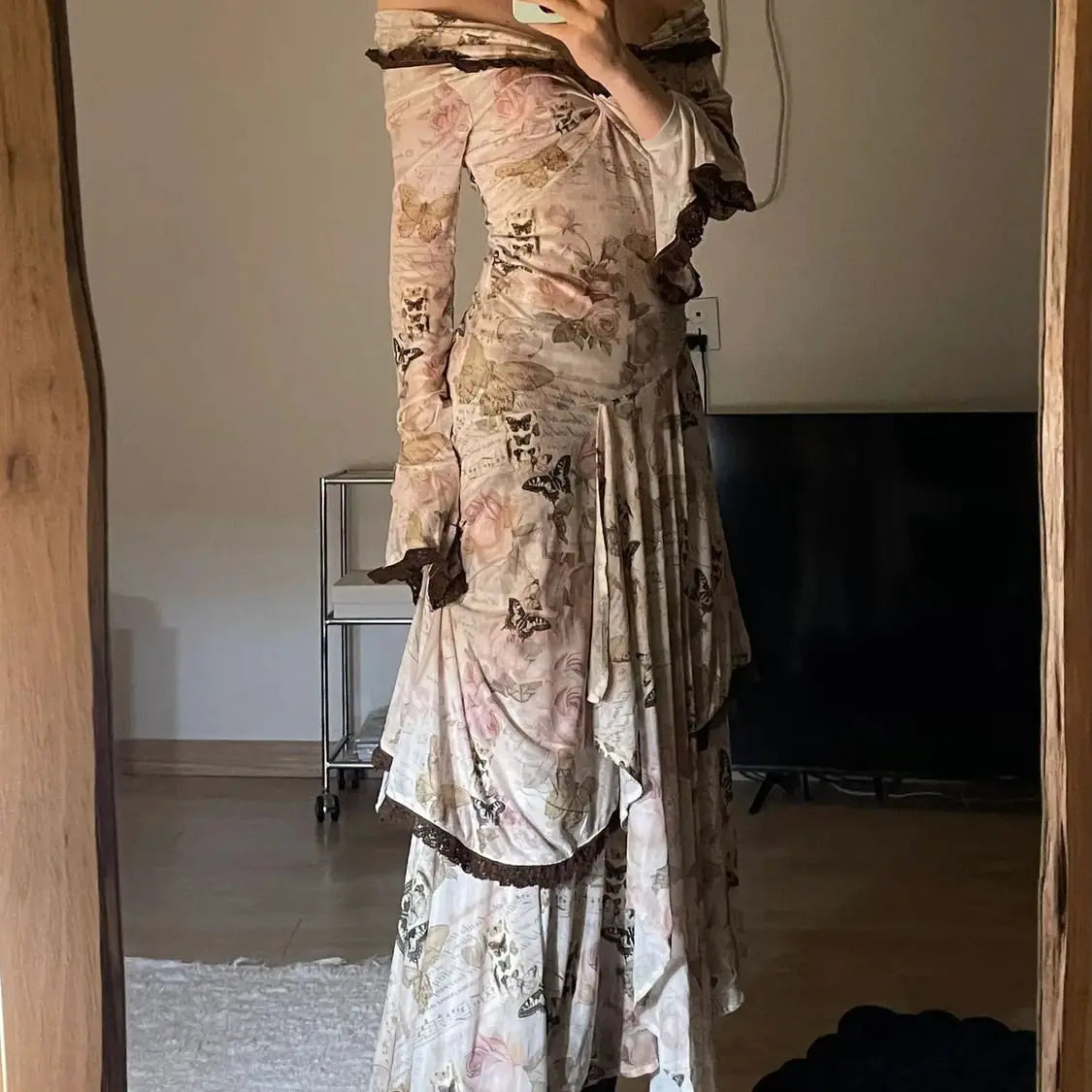Butterfly Printed Slim Fit Vintage Maxi Dress