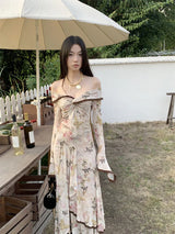 Butterfly Printed Slim Fit Vintage Maxi Dress