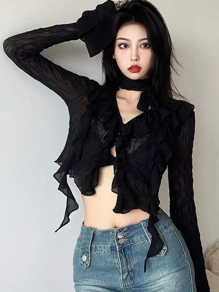 Black Mesh Cropped Blouse