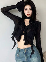 Black Mesh Cropped Blouse