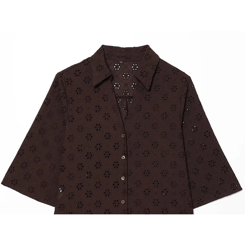 Women Brown Openwork Embroidery Shirt